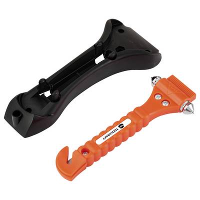 Ein orangefarbenes Notfall-Fluchtgerät mit einer Metallhammerspitze und einem Gurtmesser, zusammen mit seiner schwarzen Halterung.