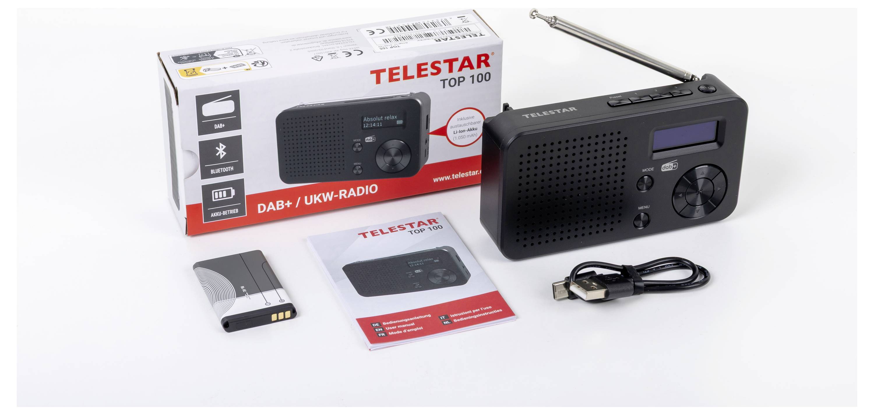 Digitales Radiogerät inklusive eines Telestar DAB+/FM Radios, Verpackung, Akku, Bedienungsanleitung und USB-Ladekabel.