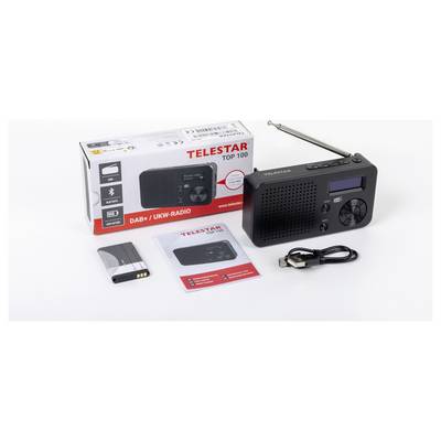 Digitales Radiogerät inklusive eines Telestar DAB+/FM Radios, Verpackung, Akku, Bedienungsanleitung und USB-Ladekabel.