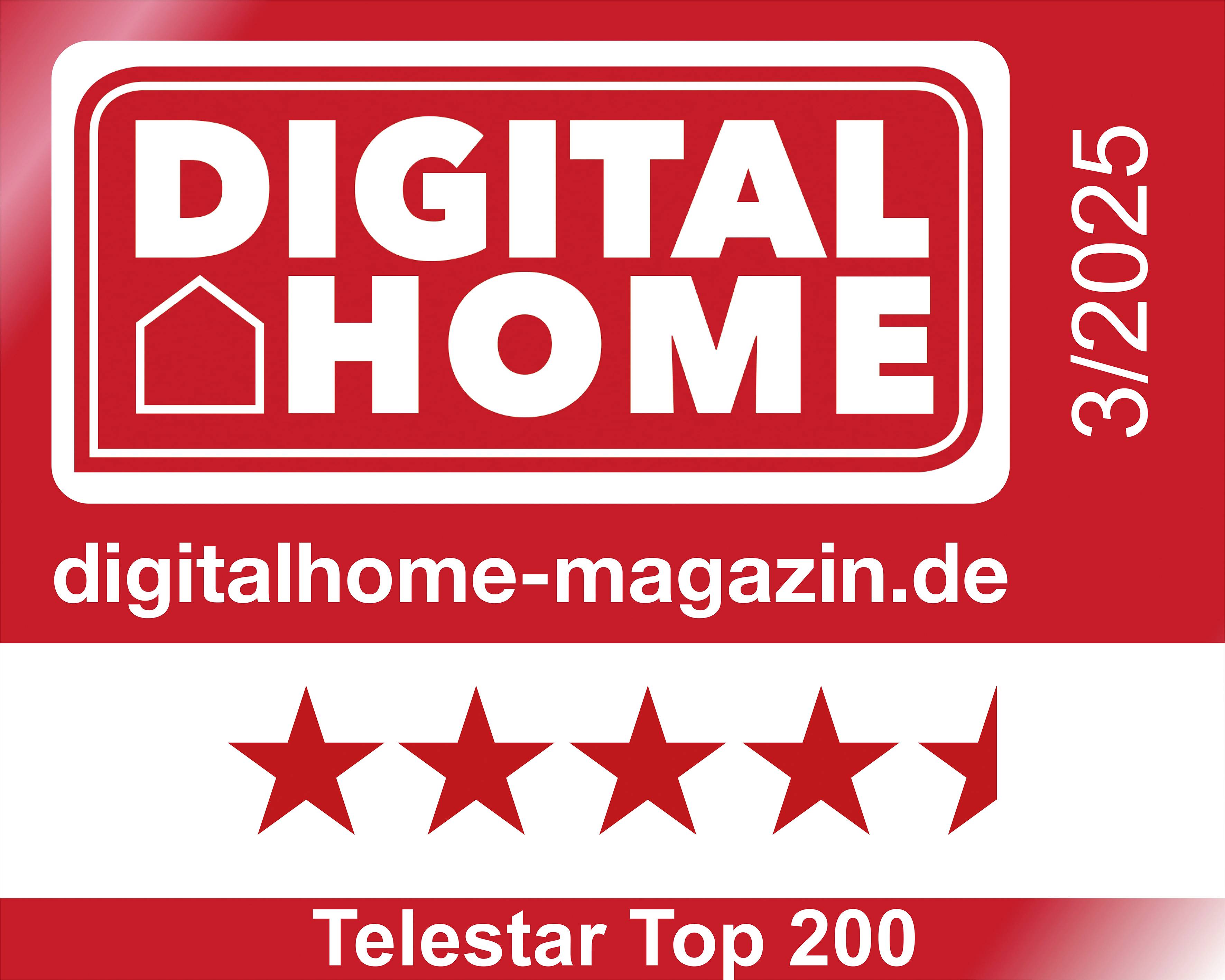 "Digital Home" Magazin-Logo mit einer Fünf-Sterne-Bewertung und einem halben Stern. Website: digitalhome-magazin.de. Ausgabe 3/2025, Telestar Top 200.