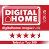 "Digital Home" Magazin-Logo mit einer Fünf-Sterne-Bewertung und einem halben Stern. Website: digitalhome-magazin.de. Ausgabe 3/2025, Telestar Top 200.