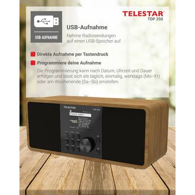 Ein Holzradio mit einem digitalen Bildschirm und Tasten. Texte erklären Funktionen: 'USB-Aufnahme', direkte Aufnahme mit einem Knopf und programmierbare Optionen. Logo zeigt 'TELESTAR TOP 250'.