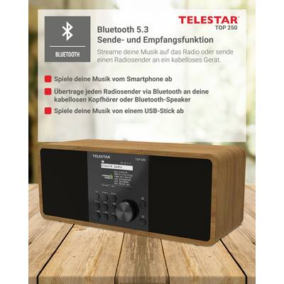 Ein Holzradio mit Bluetooth 5.3-Technologie. Texthervorhebungen zeigen Musikstreaming von Smartphones, Radios oder USB-Sticks zu Bluetooth-Lautsprechern.