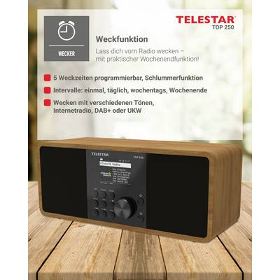 Holzradio mit 'Weckfunktion', ausgestattet mit fünf programmierbaren Weckzeiten, optionaler Schlummerfunktion und Einstellmöglichkeiten für Wochentage oder Wochenende. Verschiedene Tonoptionen, Radioempfang umfasst Internetradio, DAB+ oder UKW.