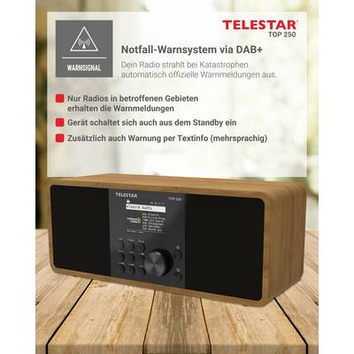 Notfall-Warnsystem via DAB+ bietet Warnungen in betroffenen Gebieten, automatische Einschaltung im Standby-Modus und Textinformationen in mehreren Sprachen.