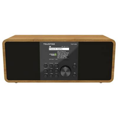 Ein digitales Radio mit Holzgehäuse, beschriftet mit 'TELESTAR TOP 250'. Das Display zeigt 'Klassik Radio', mit Tasten und einem großen zentralen Drehregler.