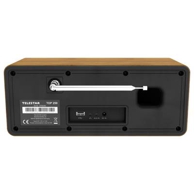 Rückansicht eines Telestar Top 250 Radios mit Antenne, USB-Anschluss, AUX- und Gleichstrom-Eingängen in einem schwarz-holzfarbenen Gehäuse.