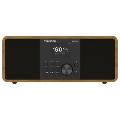 Ein digitales Radio mit einem Holzrahmen, auf dessen Display die Uhrzeit '16:01' und die Temperatur '14°C' angezeigt werden. Der Markenname ist oben sichtbar.