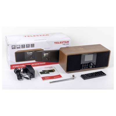 Karton und Inhalt des Telestar Top 250 Stereo. Enthält DAB+ Radio mit Holzoptik, Netzteil, Fernbedienung, Bedienungsanleitung und Antenne.