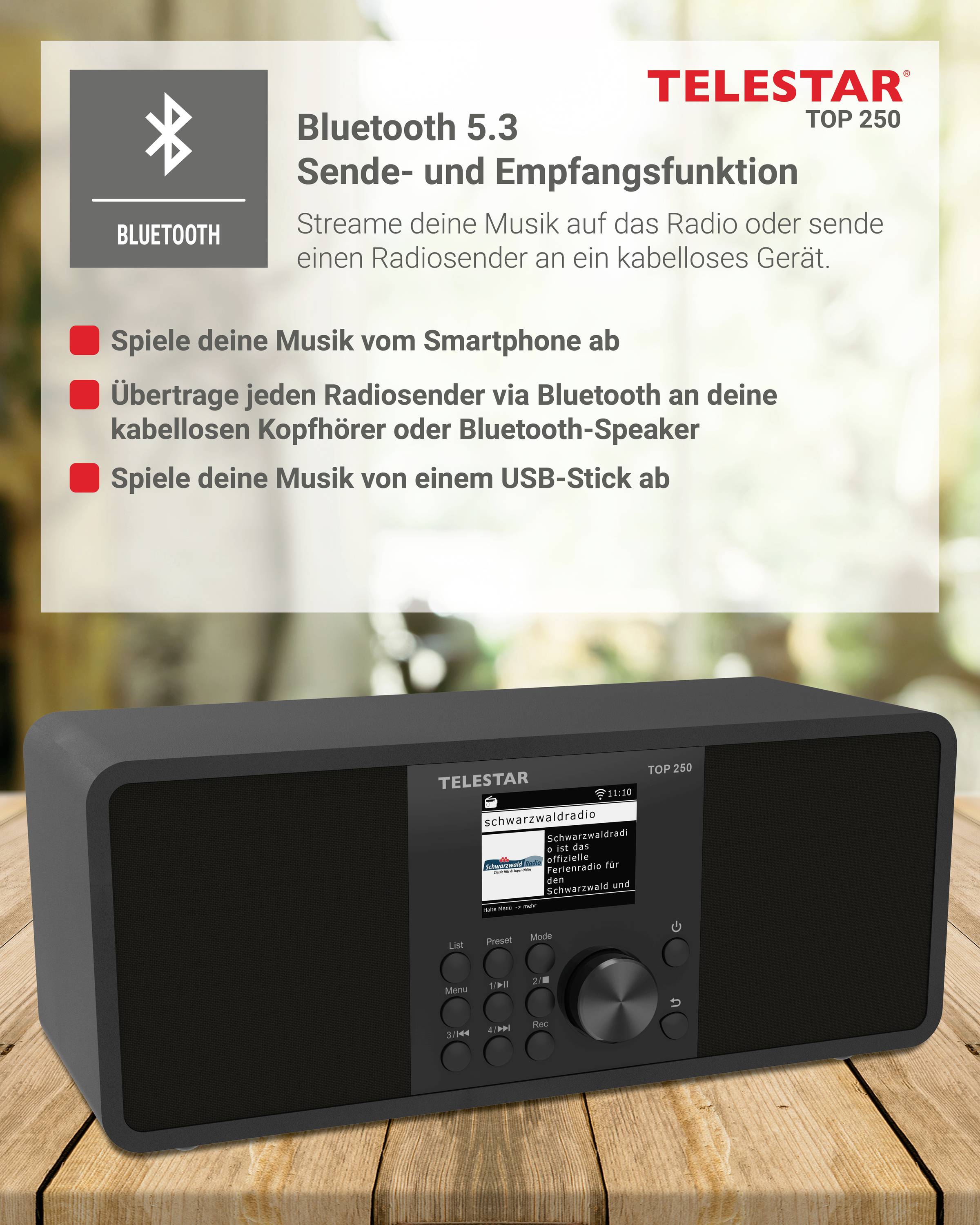 Ein schwarzes Radio mit Display und Drehknöpfen zeigt Musikwiedergabeoptionen. Text: 'Bluetooth 5.3, Musik vom Smartphone oder USB-Stick abspielen'.