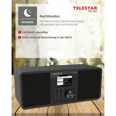 Radiowecker-Modell 'Telestar Top 250' auf Tisch. Nachtmodus-Option aktiviert Display automatisch. Einstellungen individuell anpassbar.
