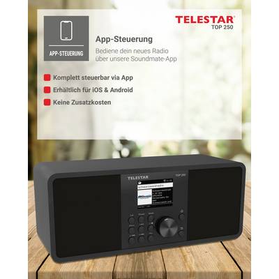 'App-Steuerung: Bediene dein neues Radio über unsere Soundmate-App'. Schwarzes Radio auf Holzfläche, unterstützt iOS und Android. Keine Zusatzkosten.