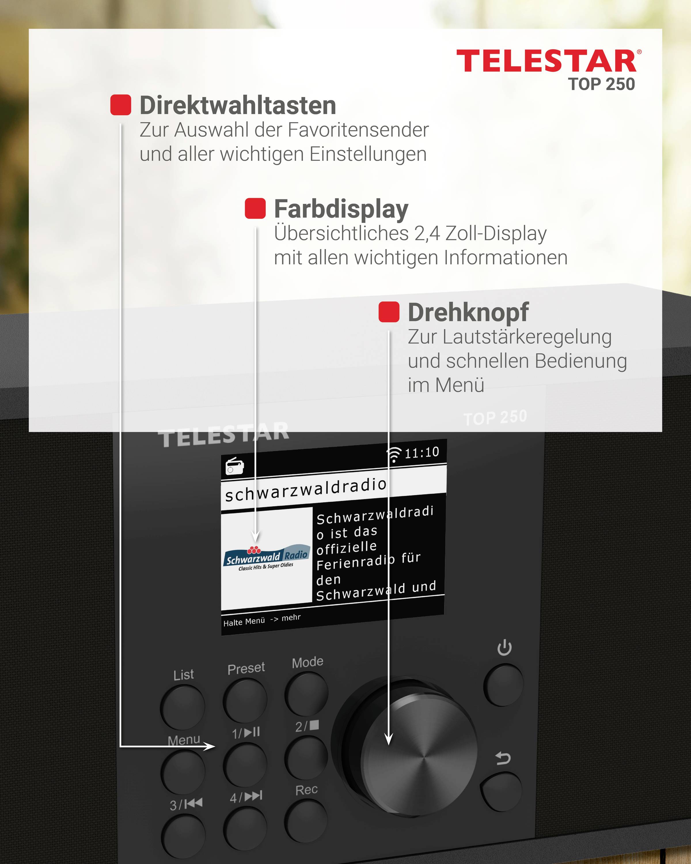 'Radiogerät mit Drehknopf für Lautstärke, Farbbildschirm für Informationen und Direktwahltasten für Einstellungen.'