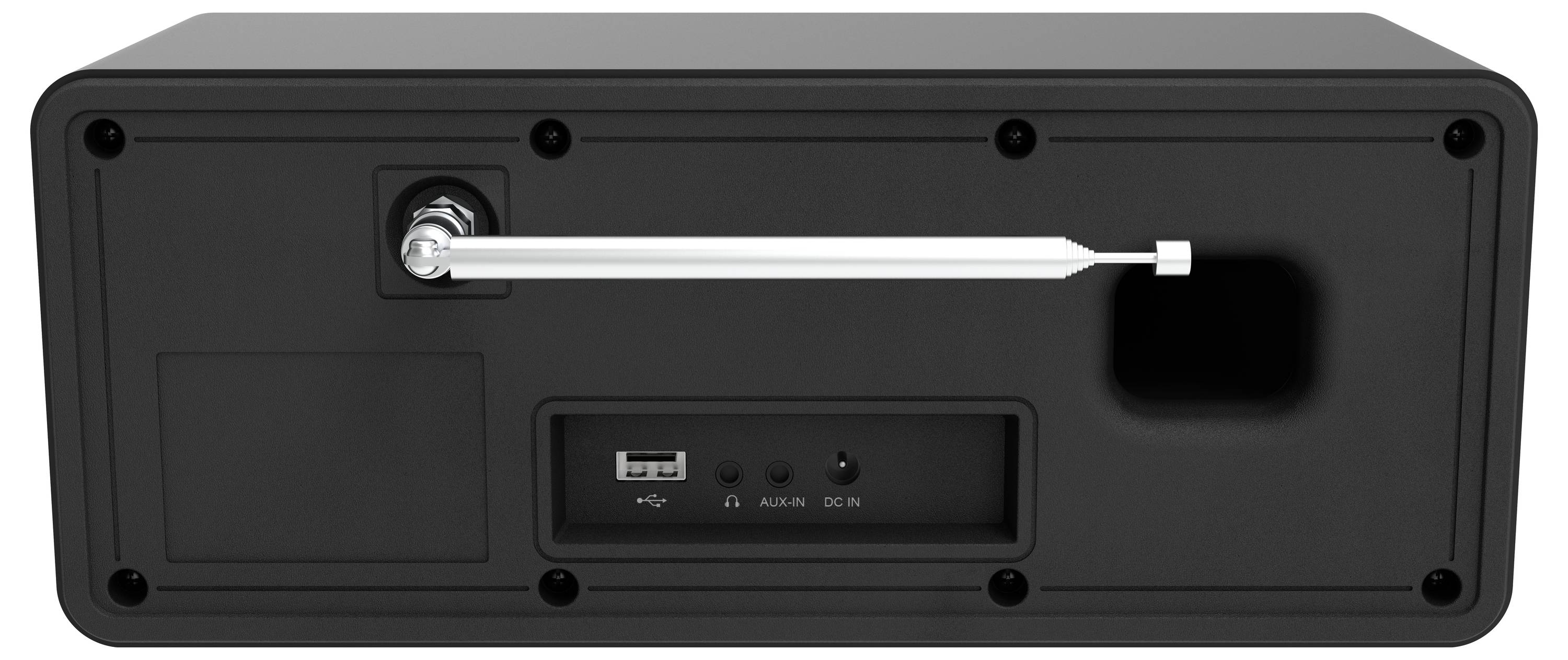 Die Rückseite eines schwarzen elektronischen Geräts mit einer Antenne, Anschlüssen für USB und Gleichstrom (DC), externem Lautsprecher und einem Schalter für Alarm ein/aus.