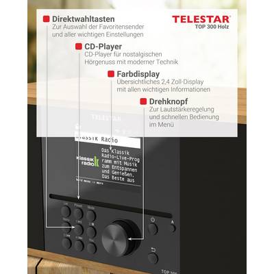 'Radio mit CDs' verfügt über Direktwahltasten, CD-Player, 2,4 Zoll Farbdisplay, Drehknopf für Lautstärke und Menü, Holzdesign.