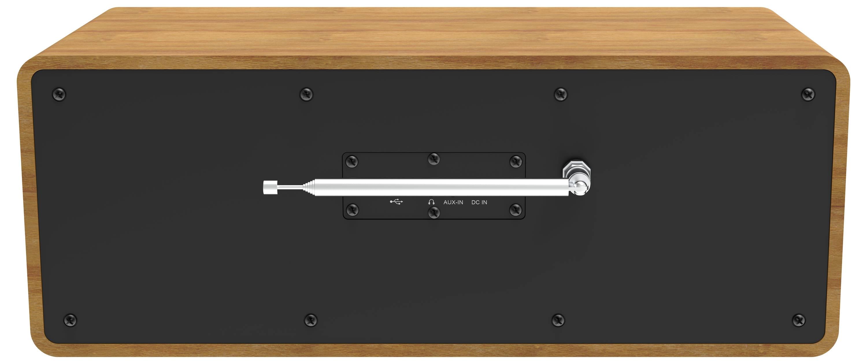 Ein hölzerner rechteckiger Gegenstand mit einem schwarzen Frontpanel und einem metallischen Hebel in der Mitte, umgeben von Schrauben.
