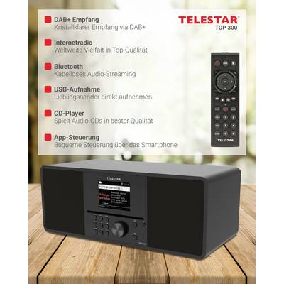 Radiogerät mit zahlreichen Funktionen wie DAB+ Empfang, Internetradio, Bluetooth, USB-Aufnahme, CD-Player und App-Steuerung.