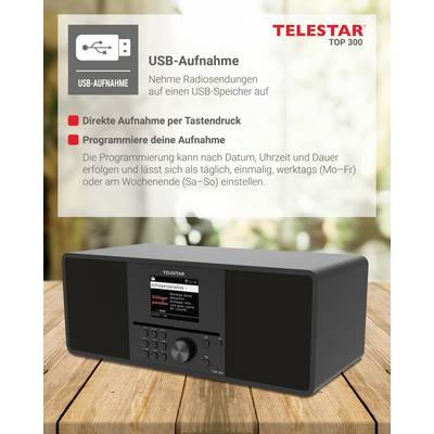 Schwarzes Radio mit der Aufschrift 'TELESTAR TOP 300', USB-Aufnahmefunktion, programmierbare Aufnahmeoptionen, Werbebeschreibung.