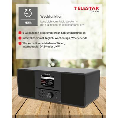 Radiowecker mit programmierbaren Weckzeiten, Schlummerfunktion, verschiedene Wecktöne, Internetradio, DAB+ und UKW.