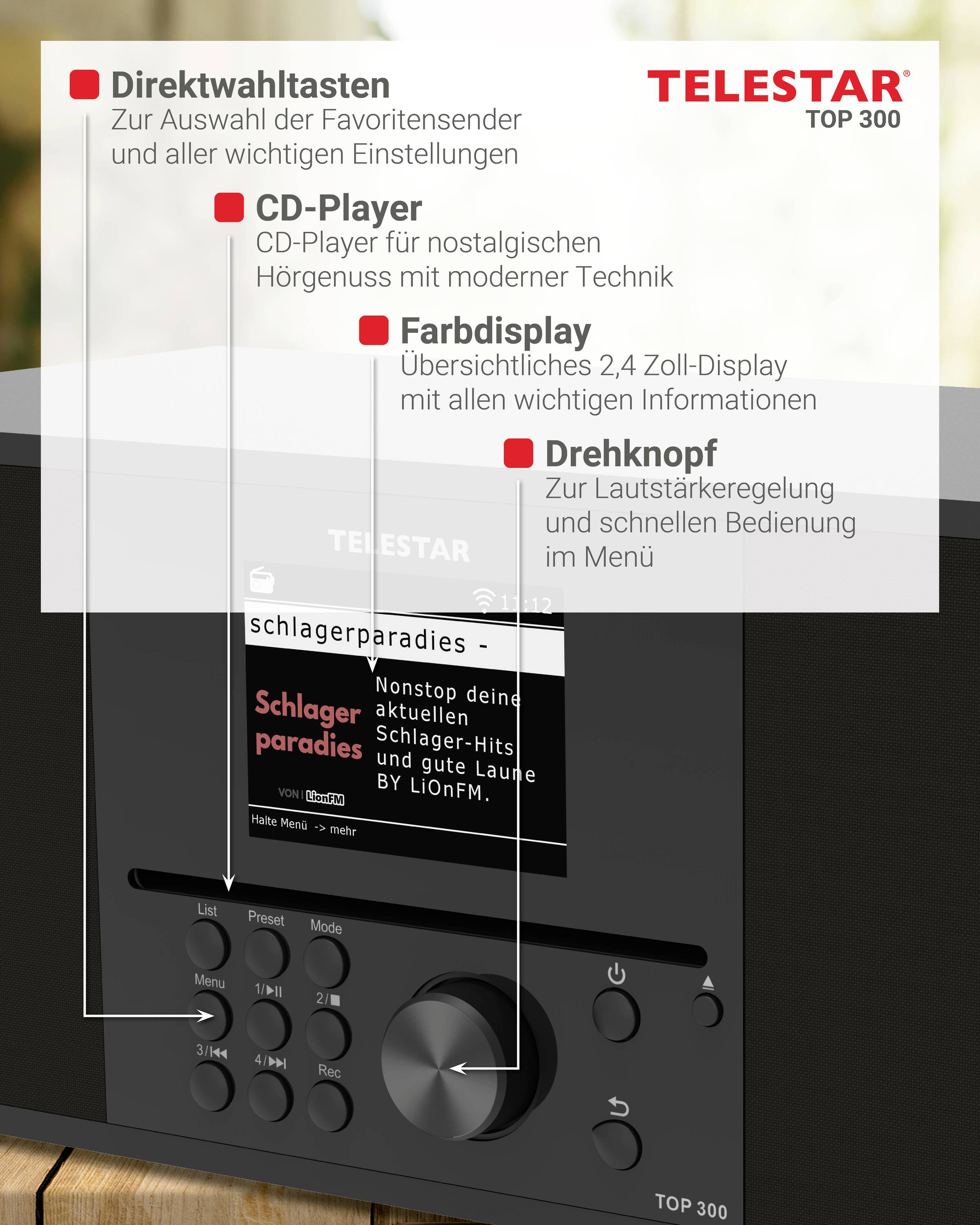 'TELESTAR TOP 300', ein Radio mit Direktwahltasten, CD-Player, Farbdisplay und Drehknopf. Funktionen: Senderwahl, moderne Bedienung.