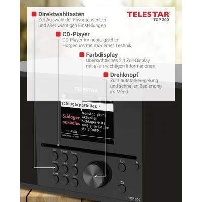 'TELESTAR TOP 300', ein Radio mit Direktwahltasten, CD-Player, Farbdisplay und Drehknopf. Funktionen: Senderwahl, moderne Bedienung.