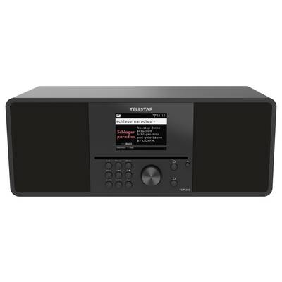 Ein schwarzes Telestar-Radio mit der Anzeige "schlagerparadies" auf dem Bildschirm, mit Lautsprechern auf beiden Seiten und Bedienungstasten unterhalb des Displays.