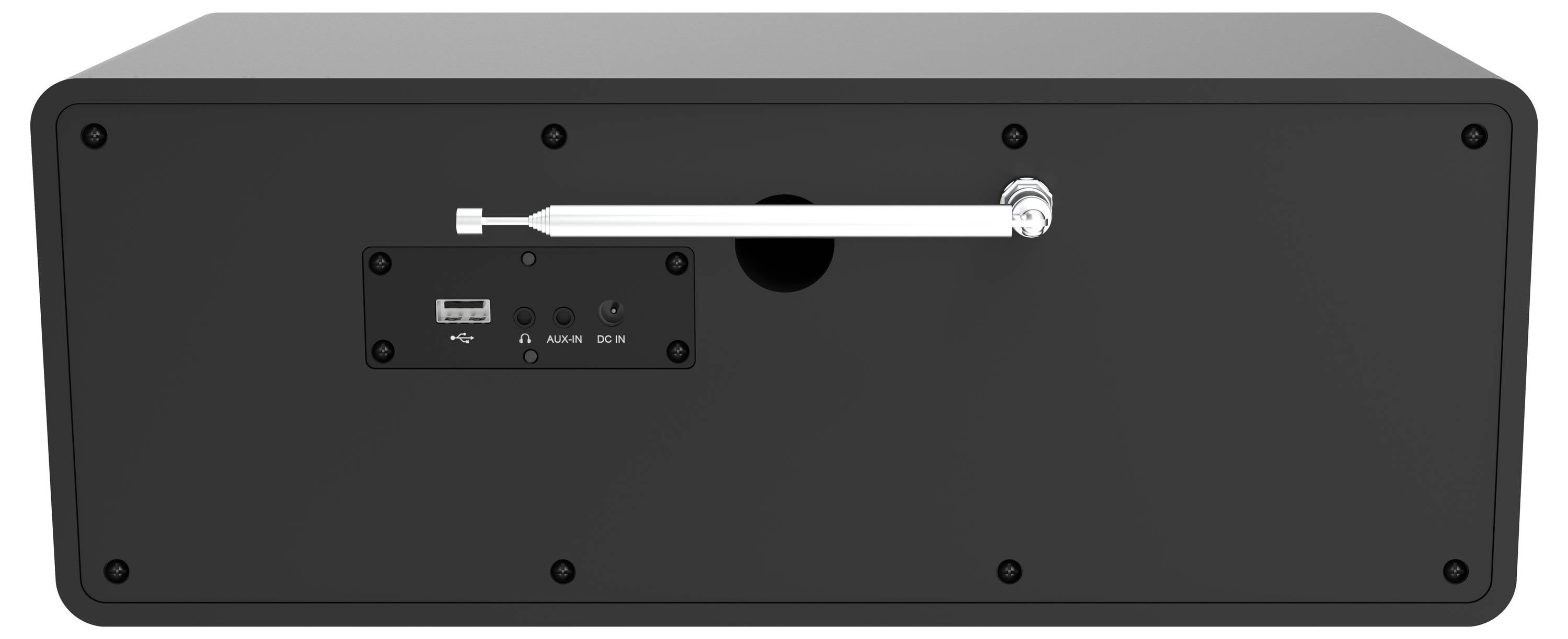 Das Bild zeigt die Rückseite eines schwarzen rechteckigen Lautsprechers mit einem USB-Anschluss, einem Audioeingang und einem Netzschalter. Oben ist ein Metallgriff angebracht.