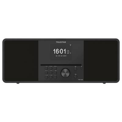 Ein digitales Radiosdisplay, das die Marke 'Telestar', die aktuelle Uhrzeit als 16:01, das Datum 09-10-2023 und die Temperatur 14°C zeigt.