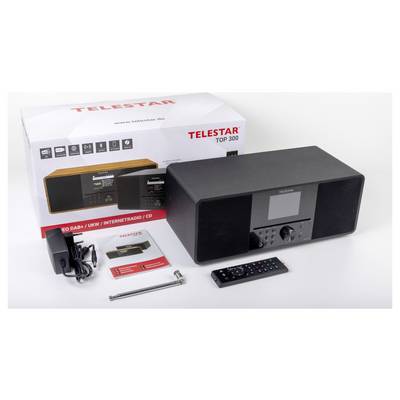 "Telestar Top 300" Audiosystem mit einer Box, die verschiedene Funktionen zeigt. Enthält Fernbedienung, Netzteil und Antennen.