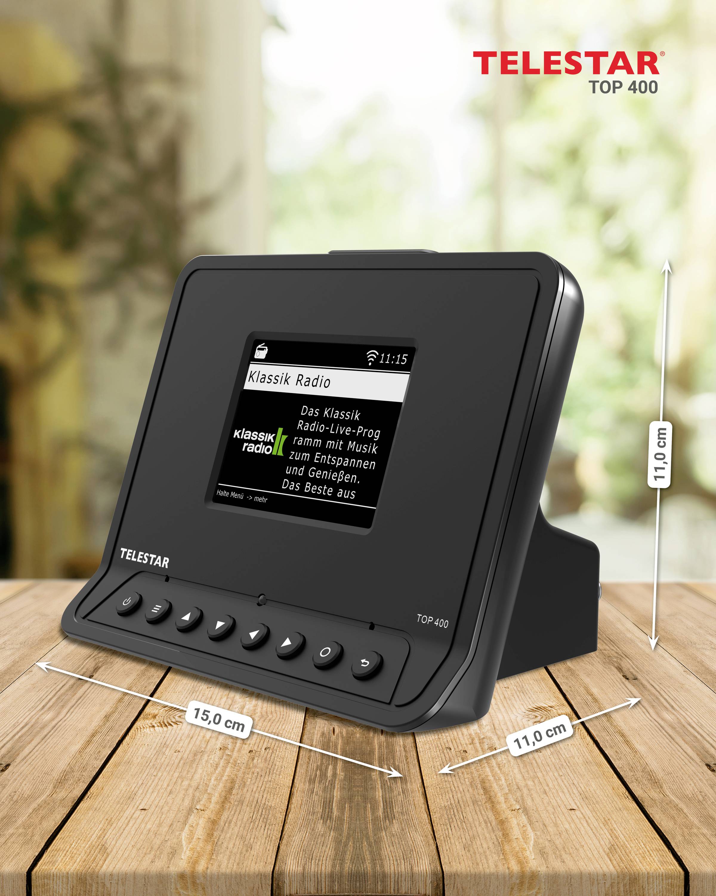 Digitales DAB+ Radio 'TELESTAR TOP 400' mit Tasten, Display zeigt 'Klassik Radio' an. Maße: 15,0 cm breit, 11,0 cm tief, 11,0 cm hoch.