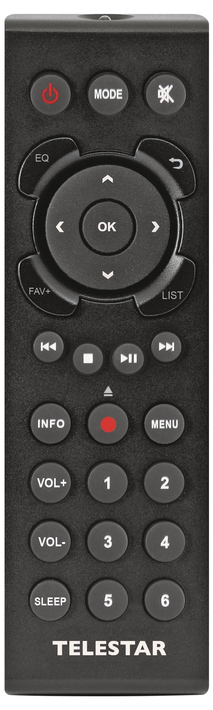 Ein schwarzer TV-Fernbedienung mit Tasten für Lautstärke, Kanal, Menü und Ein/Aus, am unteren Ende mit 'TELSTAR' beschriftet.
