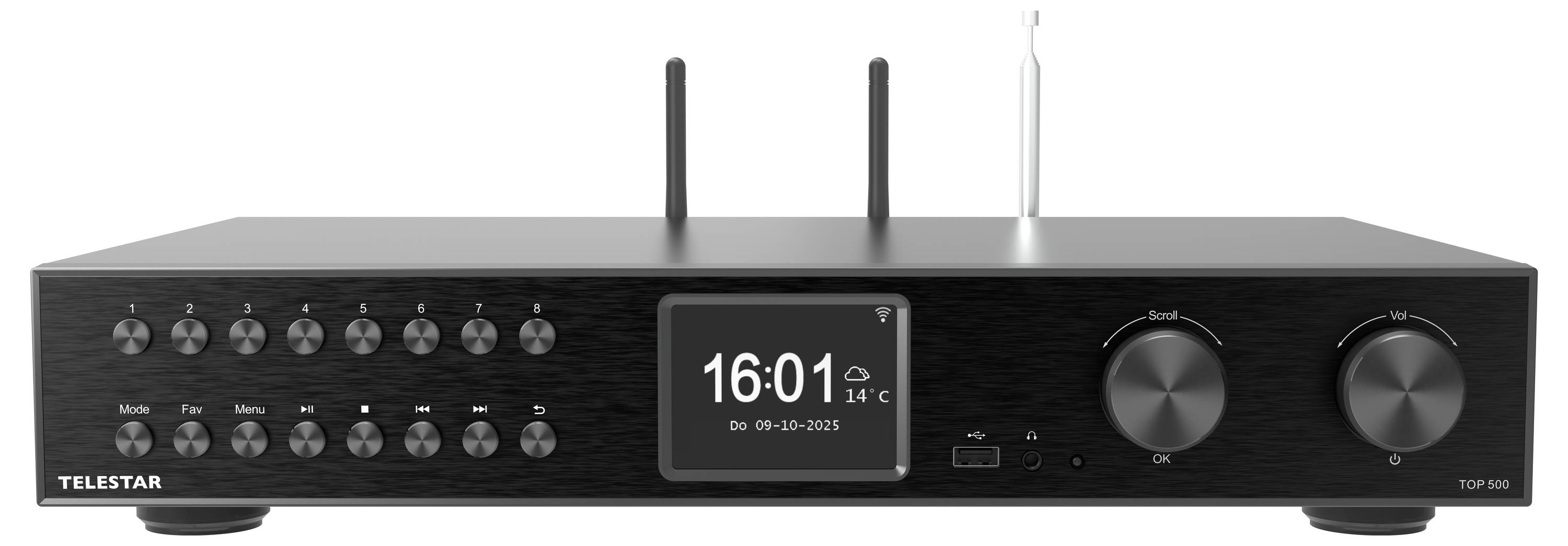 Ein schlanker schwarzer Audio-Receiver mit mehreren Drehreglern und einem zentralen digitalen Display, das die Uhrzeit '16:01', das Datum '30-09-2023' und die Temperatur '14°C' anzeigt.