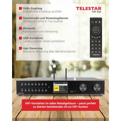 'DAB+ Empfang, Internetradio, Bluetooth, USB-Aufnahme, App-Steuerung; HiFi-Verstärker mit Fernbedienung; Telestar Top 550.'
