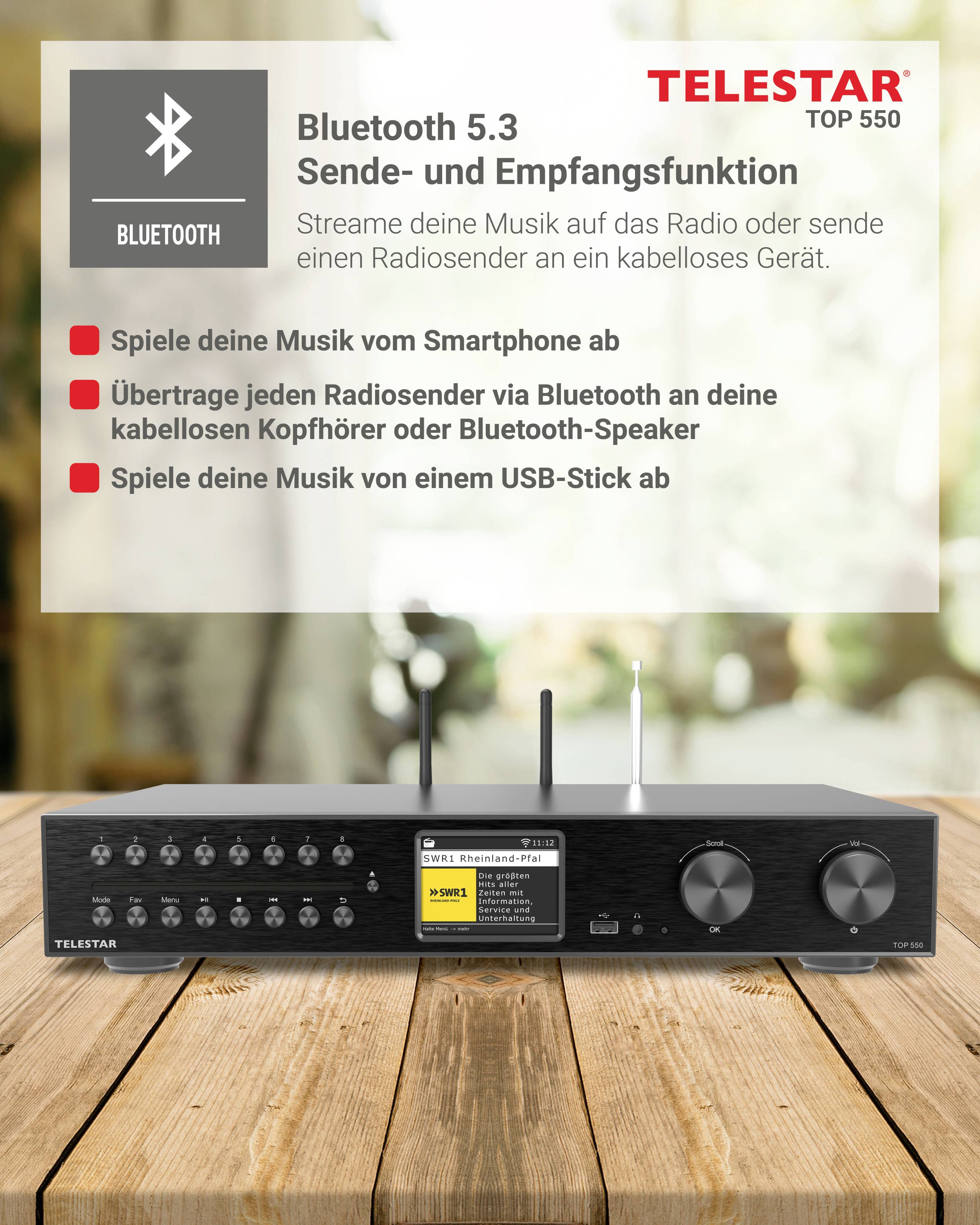 'TELESTAR TOP 550' Audioempfänger mit Bluetooth 5.3. Funktionen: Musikstreaming von Smartphone, Bluetooth, USB-Stick. Quietschelbes Bedienelement zur Steuerung.