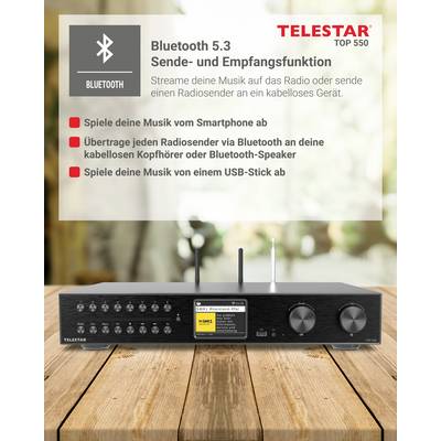 'TELESTAR TOP 550' Audioempfänger mit Bluetooth 5.3. Funktionen: Musikstreaming von Smartphone, Bluetooth, USB-Stick. Quietschelbes Bedienelement zur Steuerung.