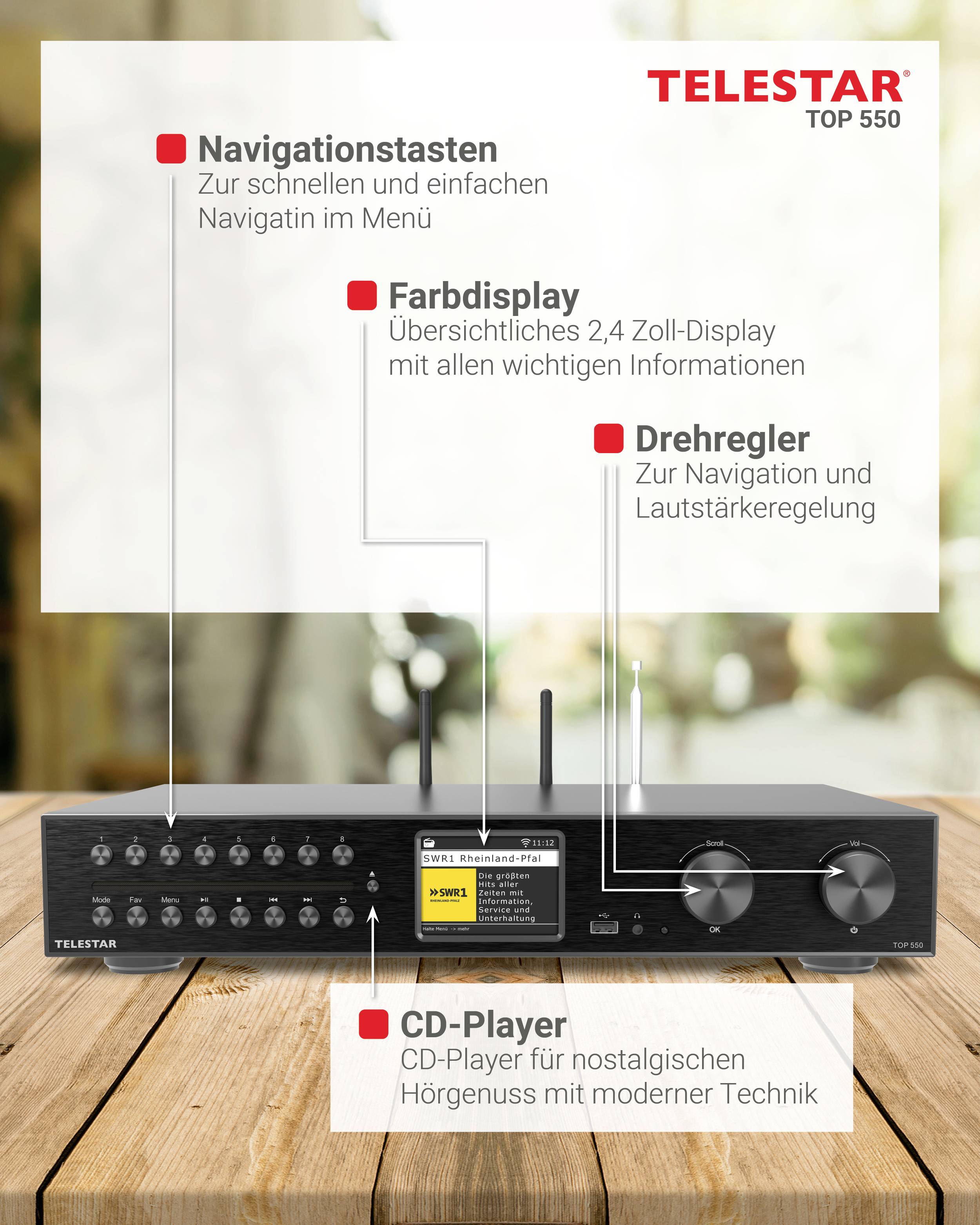 'TELESTAR TOP 550 Stereoanlage mit Navigationstasten, 2,4-Zoll-Farbdisplay, Drehregler und integriertem CD-Player für erstklassige Tonqualität.'