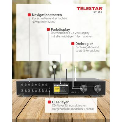 'TELESTAR TOP 550 Stereoanlage mit Navigationstasten, 2,4-Zoll-Farbdisplay, Drehregler und integriertem CD-Player für erstklassige Tonqualität.'