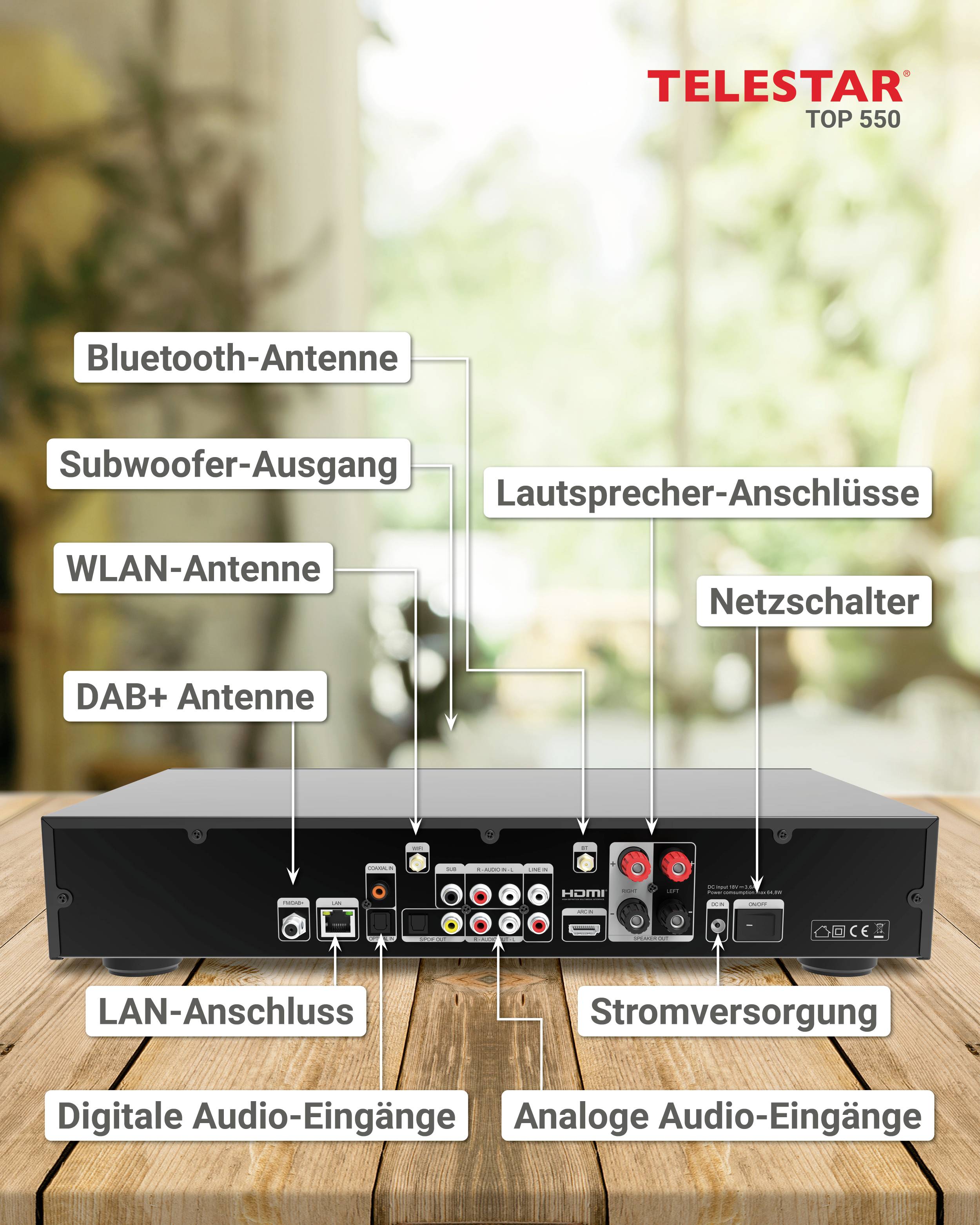 'Rückansicht eines Audioempfängers mit hervorgehobenen Anschlüssen: Bluetooth-, WLAN-, DAB+ Antennen, LAN-Anschluss, Audio-Eingänge.'