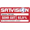 'SATVISION' Auszeichnungsetikett mit Anzeige des 'Telestar TOP 550' und einer Bewertung von 'SEHR GUT 93.9%' für HiFi-Adapter im Einzeltest, April 2025.