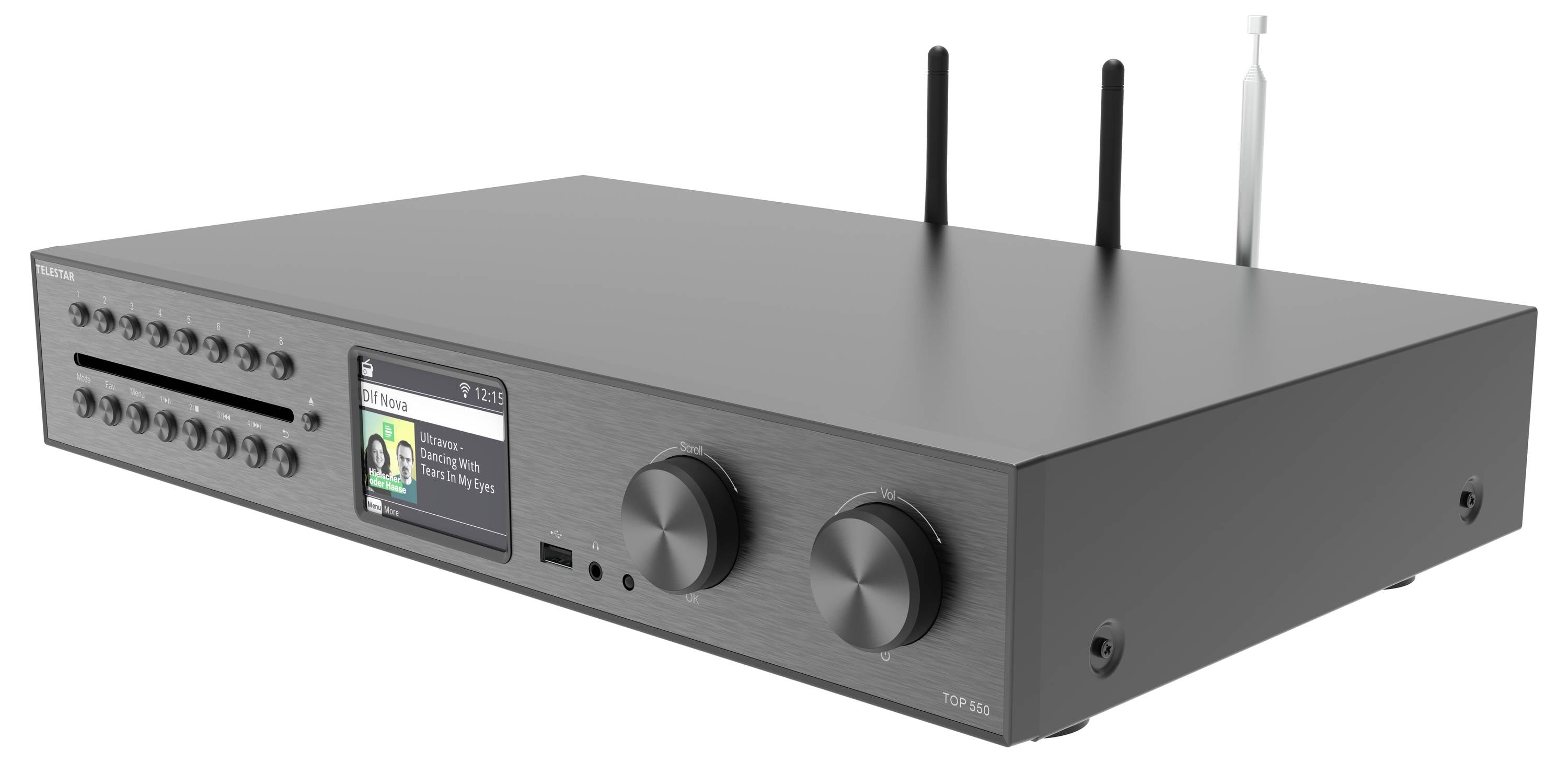 Ein schlanker schwarzer Audio-Empfänger mit Doppelantenne, mehreren Bedienungstasten und einer digitalen Anzeige, die zwei Personen und Text zeigt.