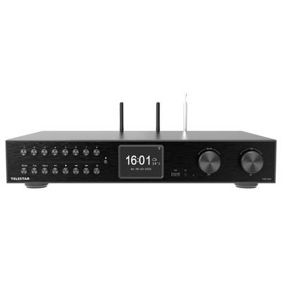 Schwarzer Stereo-Receiver mit Antennen, Bedienknöpfen und Tasten; digitales Display zeigt Zeit 16:01, Temperatur 14°C, Datum 30-09-2023.