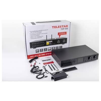 Telestar Top 550 HiFi-Anlage mit Box, Kabeln, Fernbedienung und Zubehör präsentiert. Das System verfügt über ein schlankes, schwarzes Design mit Bedienknöpfen.