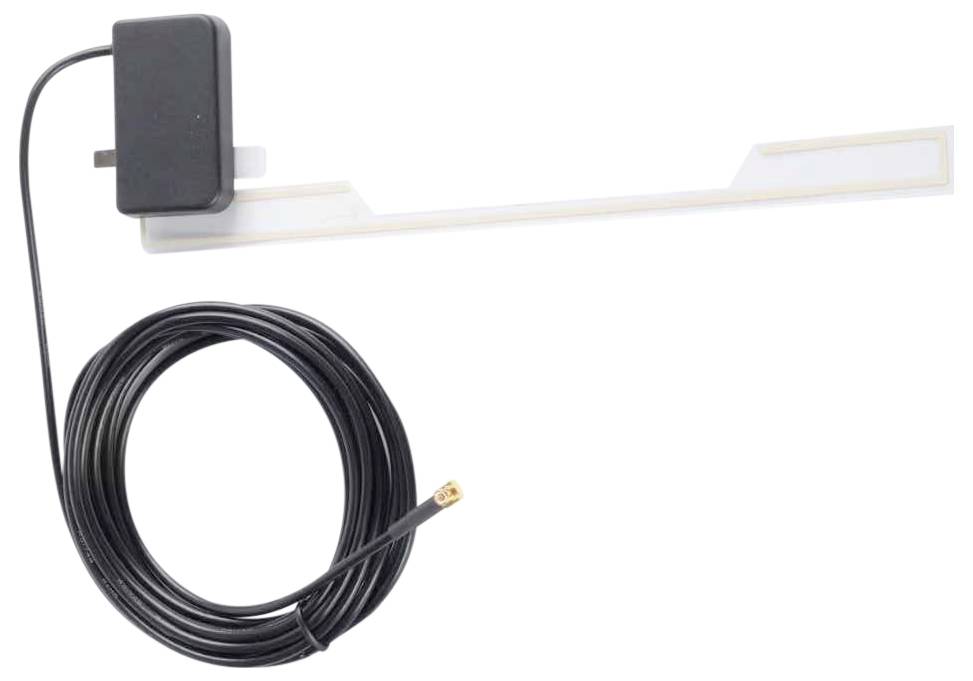 Ein L-förmiges elektronisches Gerät mit einem Adapter und einem langen, schwarzen Kabel, das in einen kleinen Anschluss endet, möglicherweise zur Antennennutzung.