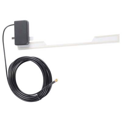 Ein L-förmiges elektronisches Gerät mit einem Adapter und einem langen, schwarzen Kabel, das in einen kleinen Anschluss endet, möglicherweise zur Antennennutzung.