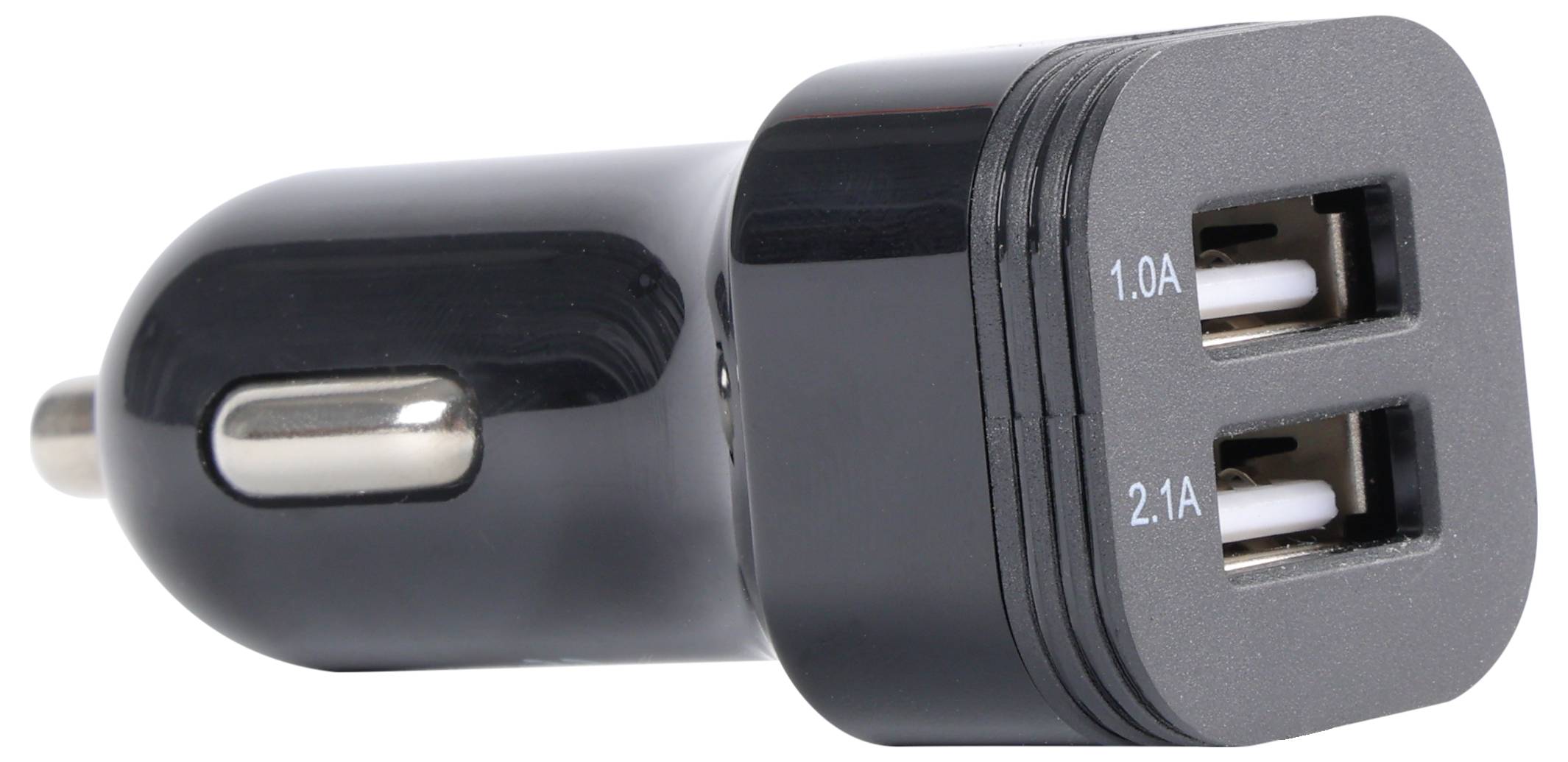 Ein schwarzer Autoladegerät mit zwei USB-Anschlüssen, beschriftet mit 1,0A und 2,1A, zum Aufladen von Geräten im Fahrzeug.