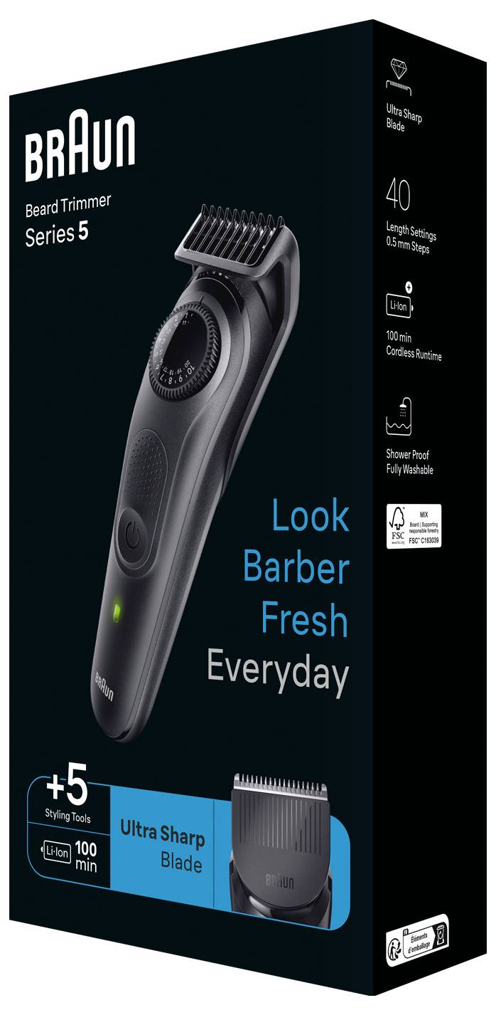 Braun Bartschneider Serie 5 Verpackung mit Trimmer. Highlights umfassen 'Ultra scharfe Klinge', 40 Längeneinstellungen und 100 Minuten Laufzeit.