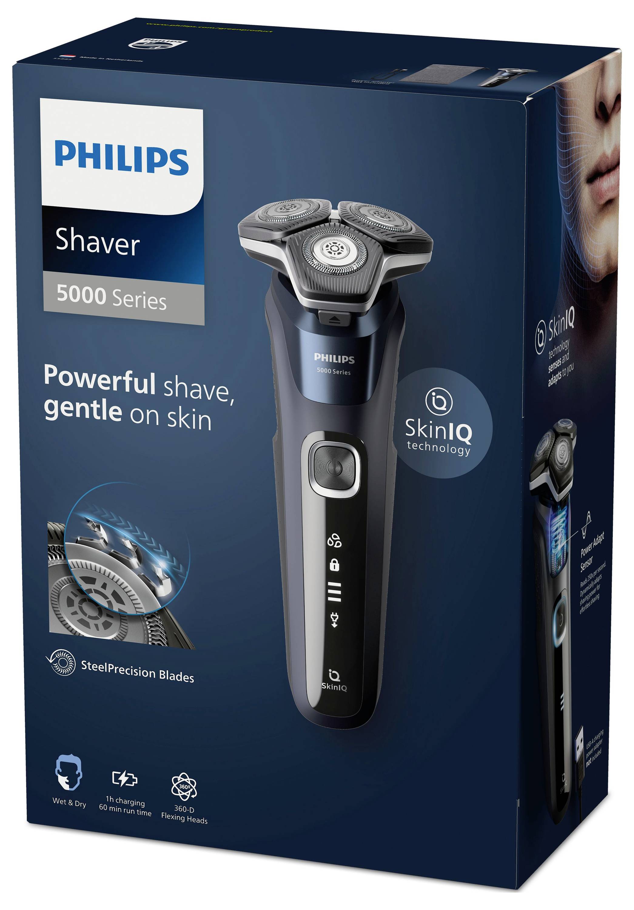 "Philips Rasierer 5000 Serie" Verpackung mit elektrischem Rasierer, "Kraftvolle Rasur, sanft zur Haut", mit "SkinIQ Technologie", SteelPrecision Klingen.
