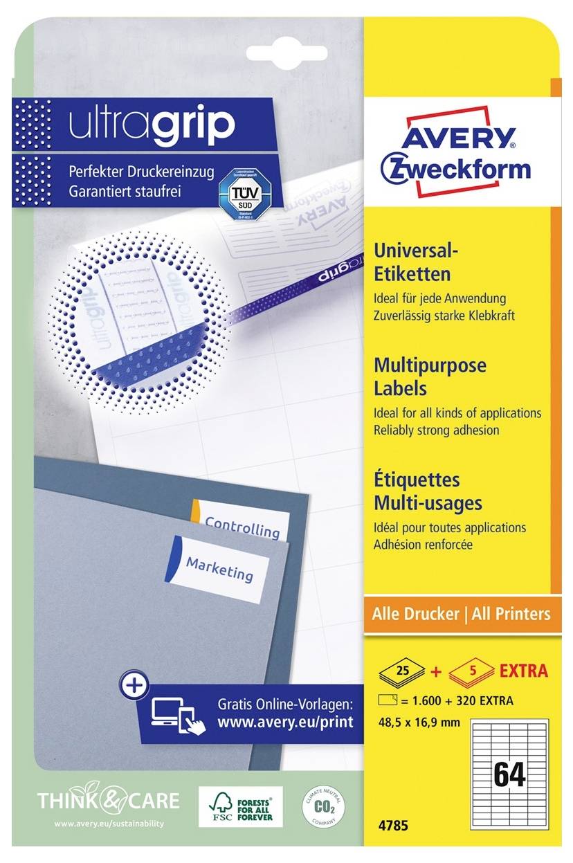 "UltraGrip von Avery Zweckform: Universaletiketten". Highlights umfassen universelle Anwendbarkeit, garantierte Haftung und Druckkompatibilität.