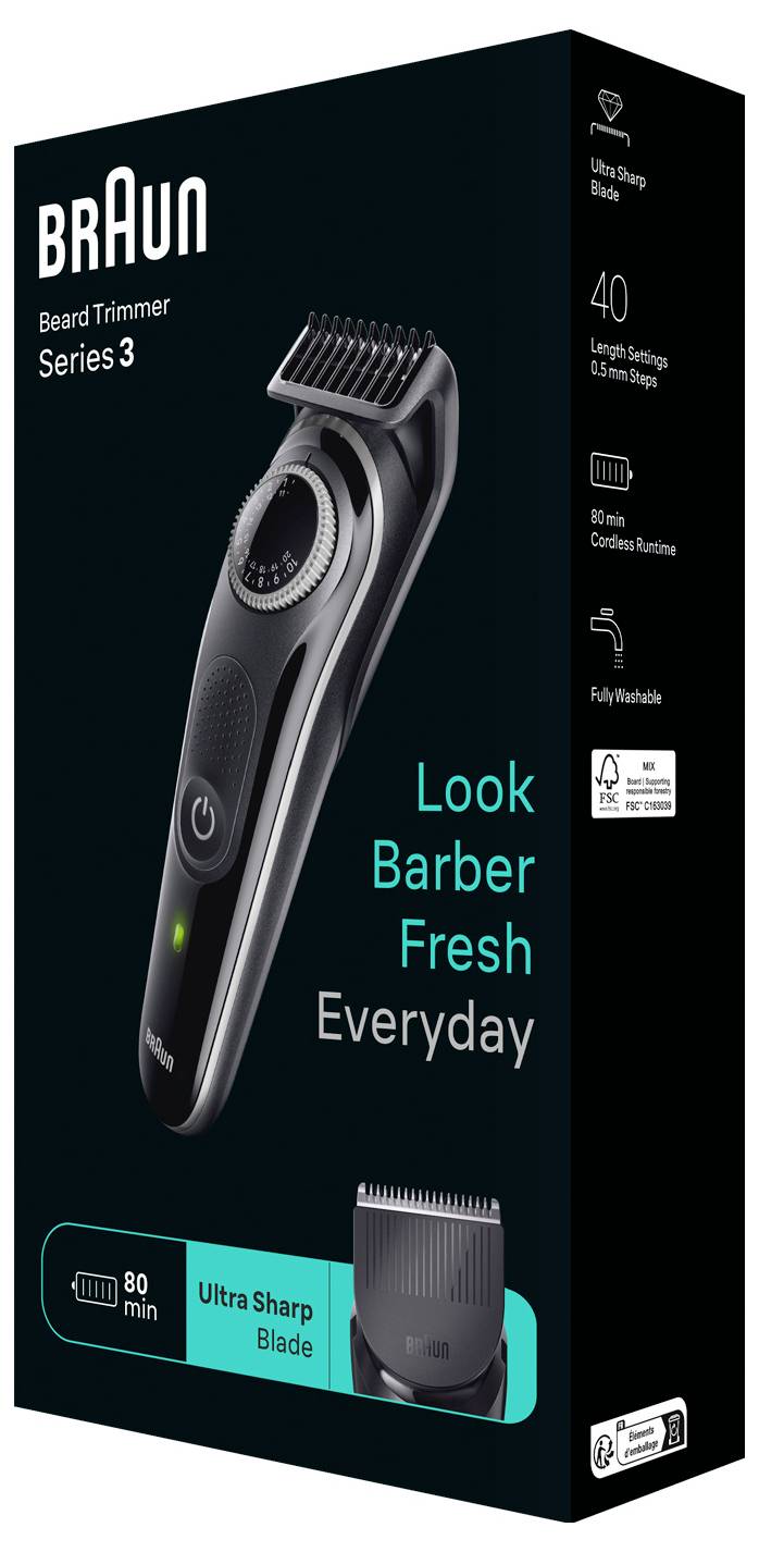 'Braun Barttrimmer Series 3' Verpackung, zeigt den Trimmer mit dem Text 'Friseur-Look jeden Tag frisch'. Merkmale: ultrascharfe Klinge, 40 Längeneinstellungen, vollständig waschbar.