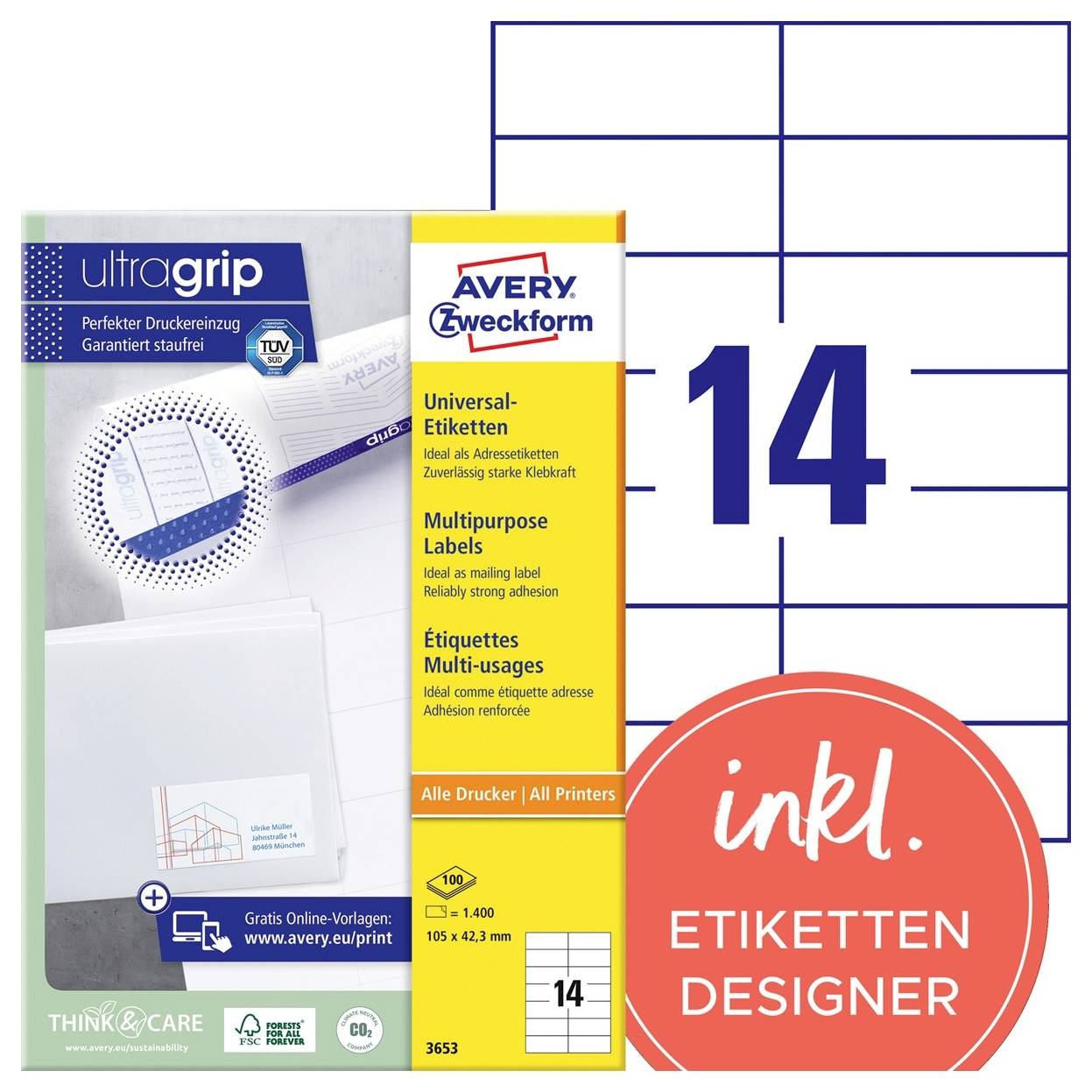 Universal-Etiketten Verpackung mit Gittermuster für Etiketten, einschließlich '14' Etikett-Layout-Design. Funktionen umfassen Online-Vorlagenzugang.